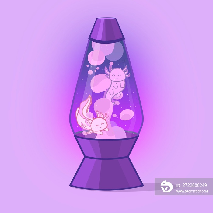 Creative concept illustration pet axolotl floating in lava lamp.