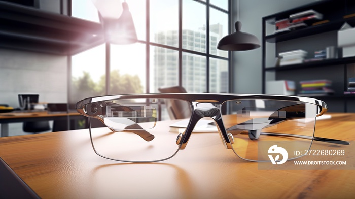 Top-Down View of AR Smart Glasses Floating in Sleek Modern Office Space