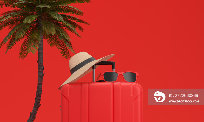 red Suitcase, Palm tree, hat and sun glasses on red background. Vacation on the beach. 3d rendering.