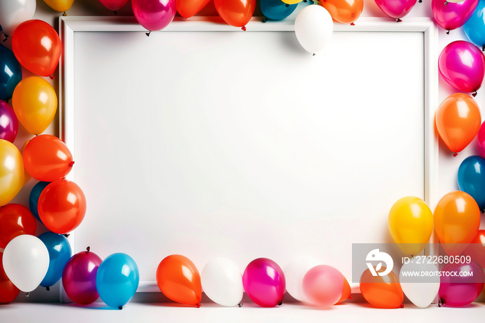 Frame of colorful balloons for party with blank white copy space for text.