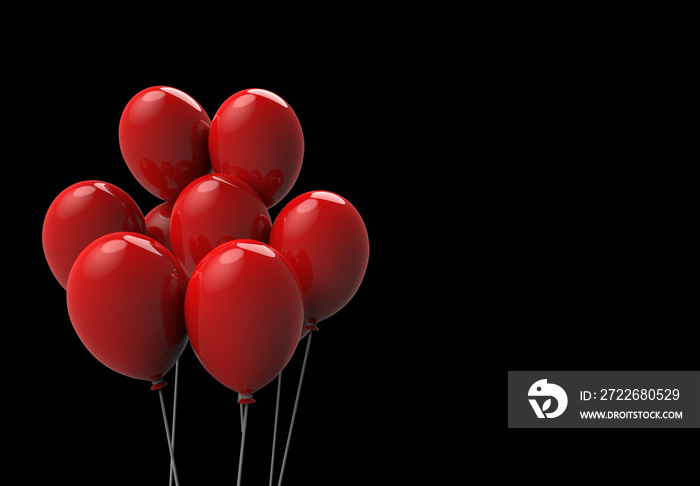 3d rendering. Floating big red balloons on black background. horror Halloween object concept