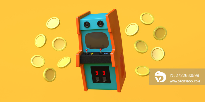 Retro arcade game machine with floating coins. Arcade room. Copy space. Gaming concept. 3D illustration.