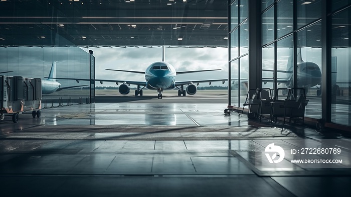 Boarding area with glass window and planes. Al generated