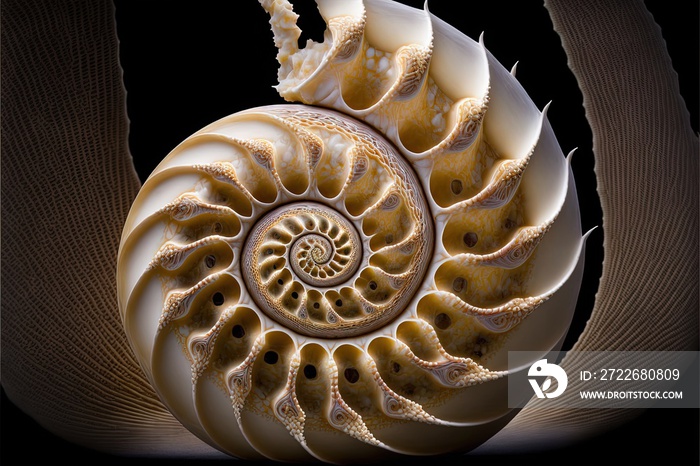 a close up of a shell with a black background and a black background with a white background and a black background with a white background and yellow background with a spiral pattern of a spiral.