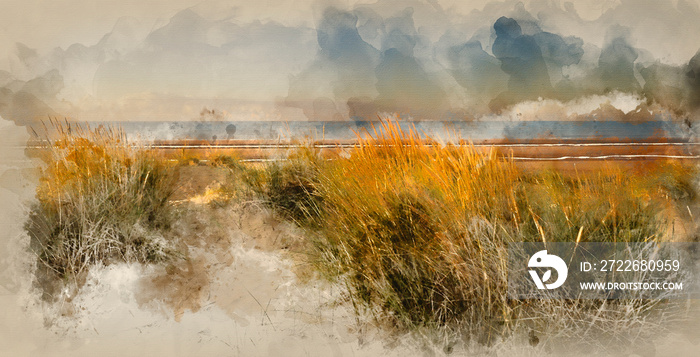 Watercolor painting of Beautiful sunrise over sand dunes system on yellow sand golden beach