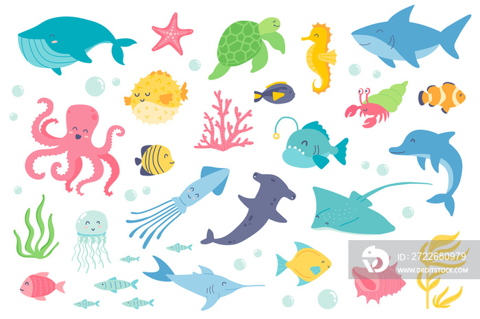 Underwater animal and fishes isolated objects set. Collection of whale, starfish, turtle, seahorse, shark, octopus, jellyfish, dolphin, coral. Illustration of design elements in flat cartoon