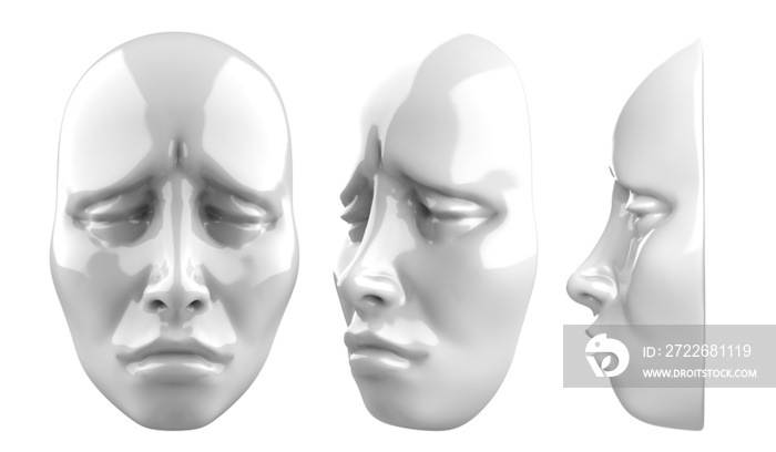 Isolated 3d render illustration of white colored sad female face theatrical mask.