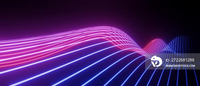 Neon pink blue abstract flowing bands, virtual background, digital technology, science or data concept, futuristic retro wave visualization 3D render illustration