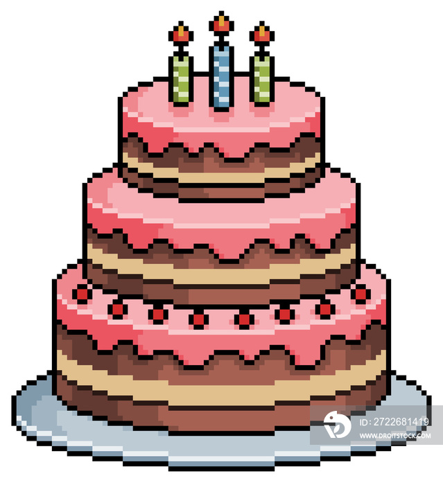 Pixel art birthday cake. 8bit game item on white background