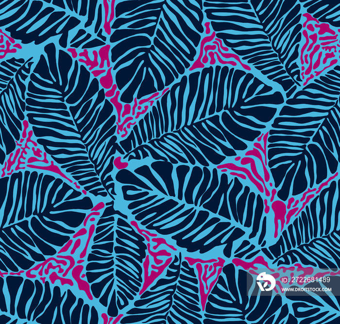 Beautiful hand drawn tropical seamless pattern. Repeated background with palm leaves.