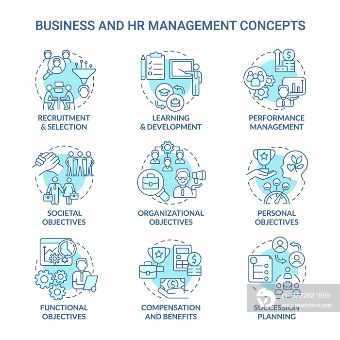 HR and business management turquoise concept icons set. Human resource duties idea thin line color illustrations. Isolated outline drawings