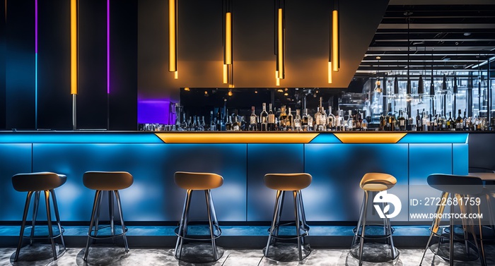 Photo of a modern bar with sleek stools and a marble countertop