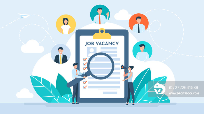 Vacancy analysis. Research resume. Job vacancy. Hr agency. Job hiring, online recruitment. Applicants queue for consideration. Agency interview. Job search metaphor. Hiring concept. Flat illustration