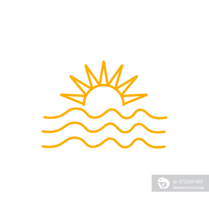 Sunset logo in boho vintage style, illustration of sun in line art outline design