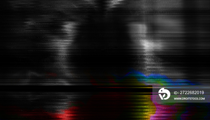 Digital monochrome distortion horizontal line noise effect with rainbow bottom part. Futuristic cyberpunk tv media error design. Web punk, rave DJ techno aesthetic neon colors. Old visual screen