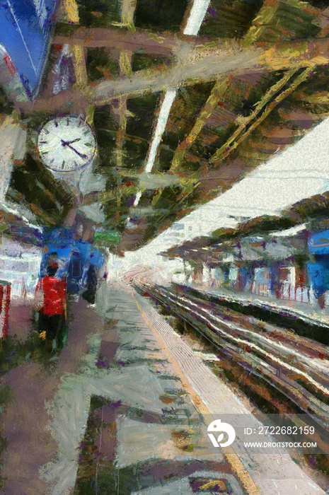 The scenery of the sky train station Illustrations creates an impressionist style of painting.