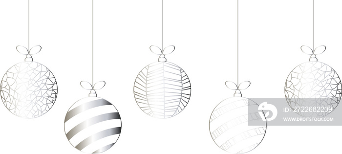 Silver Christmas balls hanging on a rope, Christmas ball PNG, Christmas balls set