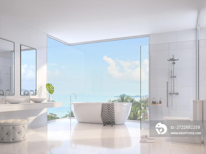 Luxury bathroom 3d render,Decorate with white sanitary ware ,glass wall shower,double sink and round bathtub,There are large window overlooking to sea view.