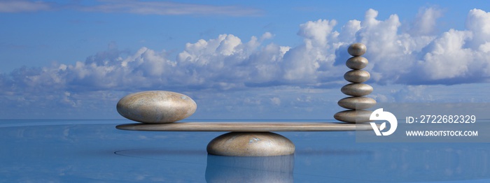 Zen stones row from large to small  in water with blue sky. 3d illustration