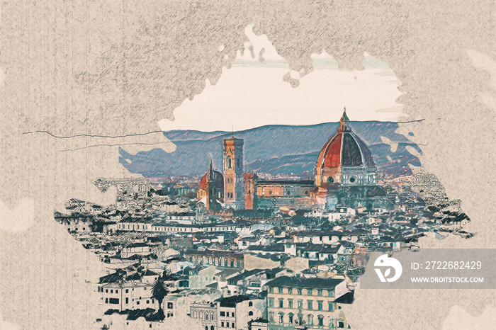 Color pencil drawing on brown paper Florence Cathedral from the viewpoint on the dawn.