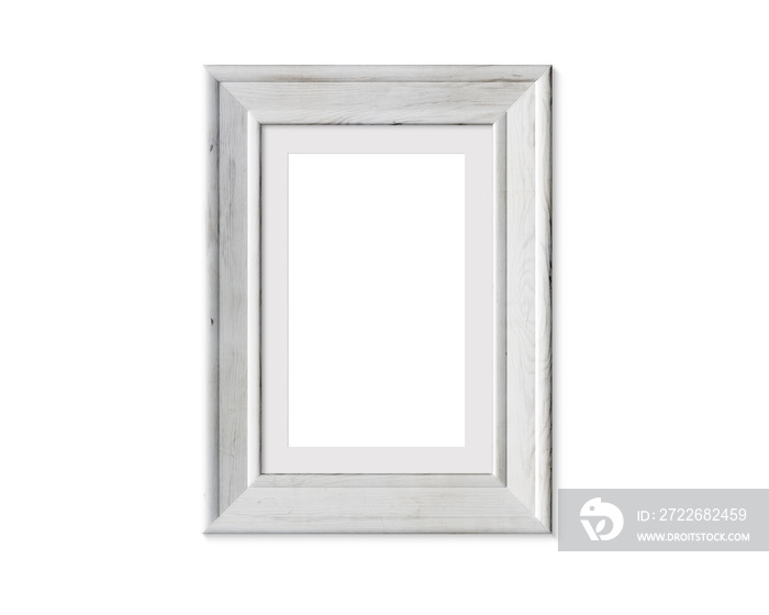 2x3 A4 vertical portrait old wooden frame mockup. Realisitc painted white wood sign.  Framing mat with wide borders.Isolated picture frame mock up template on white background. 3D render.