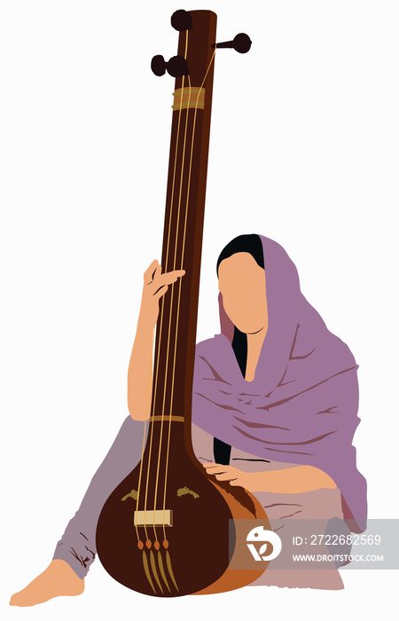 Woman playing an Indian musical instrument tanpura or sitar.