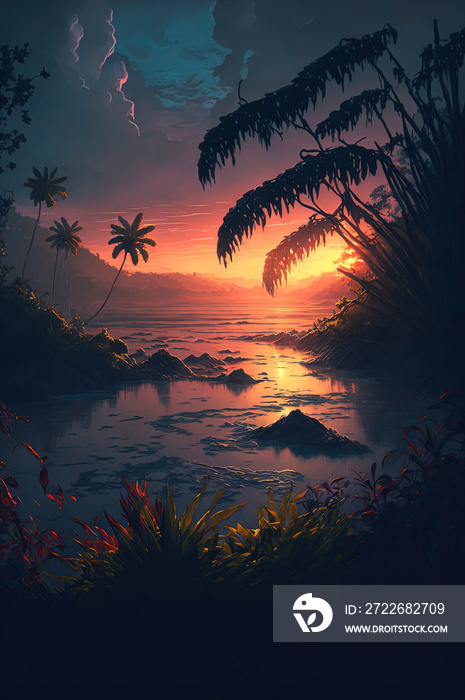 beautiful sunset scenery jungle