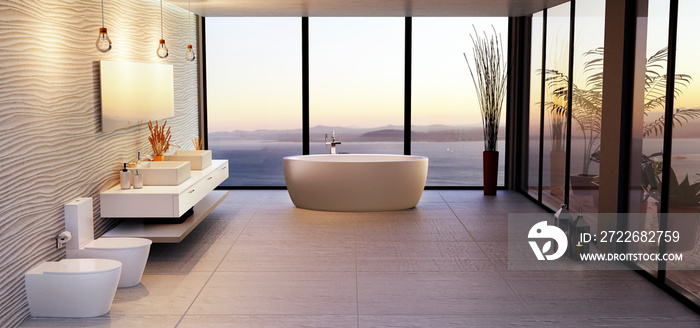 Luxury high key bathroom render with sea view.