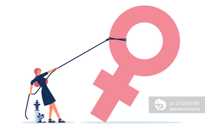 Strong businesswoman pulling a female symbol up using rope