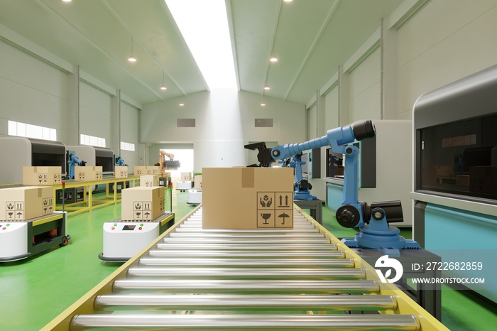 Interior of warehouse in logistic center have AGV/Robot arm.