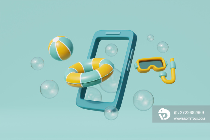 3d Smartphone with summer elements, beach ball and snorkel. Summer vacation. 3d rendering.