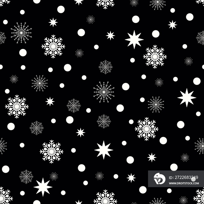 Christmas seamless pattern of complex big and small snowflakes in white colors on black background. Raster trendy snowflakes pattern.