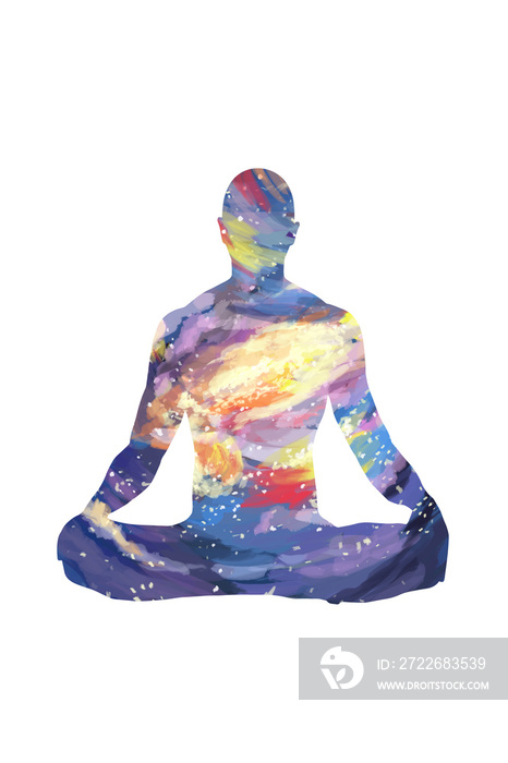 Man is sitting in lotus meditation pose. Bright galaxy- silhouette. Clip art on white background