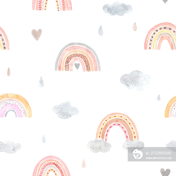 Seamless pattern. Watercolor hand painted cute rainbows. Illustration isolated on white background. Design baby textile, fabric, wallpaper, baby shower, nursery decor, children decoration, kids room