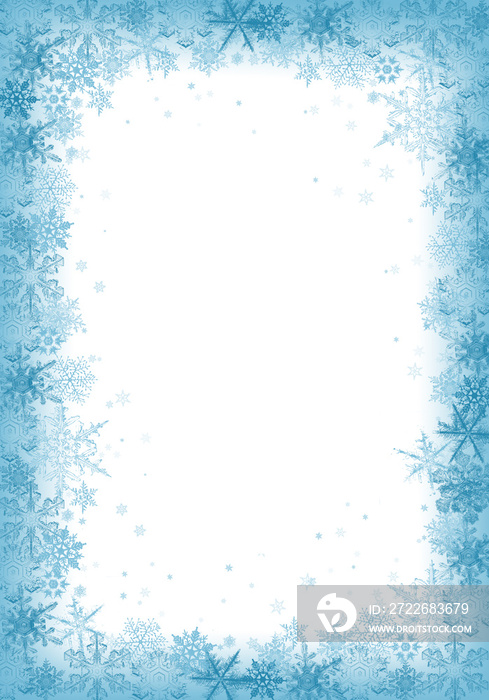 Snow background. Blue and white Christmas snowfall with defocused flakes. Winter concept with falling snow. Holiday texture and white snowflakes