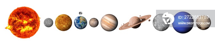 The solar system consists of the Sun, Mercury, Venus, Earth, Mars, Jupiter, Saturn, Uranut, Neptune, Pluto. isolated with clipping path on white background.Elements of this image furnished by NASA