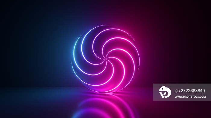 3d render, abstract neon background with glowing ball, pink blue twisted spiral lines on the sphere surface