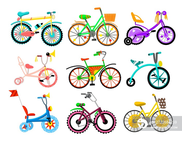 Set Of Different Types Of Kids Bicycles, Colorful Bicycles With Different Types Of Frame Illustrations