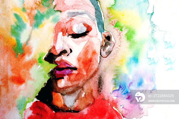 Beautiful African woman portrait in watercolor with splatter