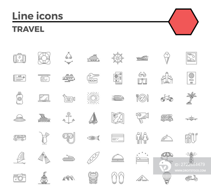 Travel thin line related icons set on white background.Summer holidays, vacation and travel objects. Simple mono linear pictogram pack Stroke logo concept for web graphics