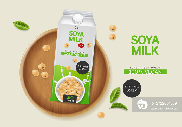 Soy milk vector realistic. Product placement mock up. Label design milk splash 3d detailed