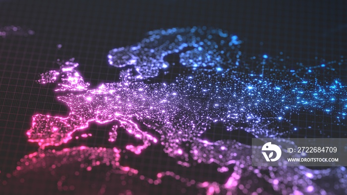 dark earth map with glowing details of city and human population density areas. wiew of europa. 3d illustration