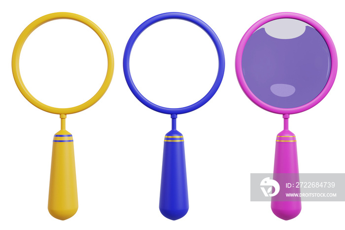 3D illustration of a realistic or cartoonish magnifying glass on a transparent background. Search and check symbol concepts Spy on business ideas, science, or school supplies.