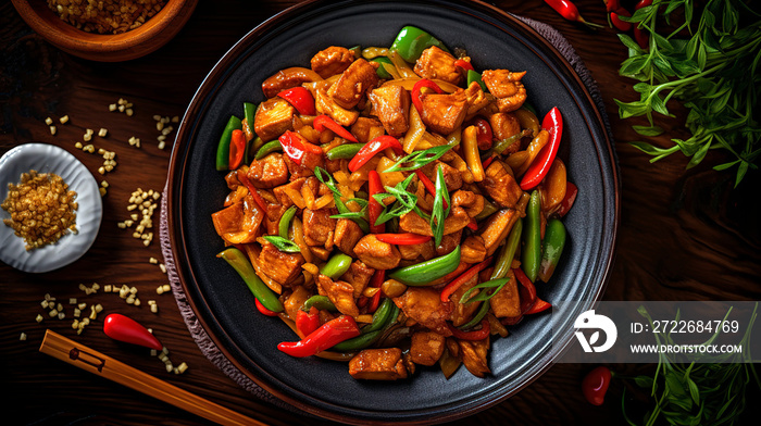 Delicious Chinese dish, featuring fried chopped pork with vegetables, presented in a visually appealing manner with rich details.