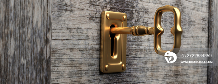 Gold key and keyhole, wood door background, banner. 3d illustration