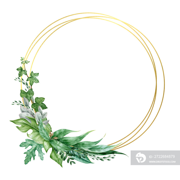 Ivy and eucalyptus elegant wreath watercolor illustration. Hand drawn delicate decorative wreath with golden circles. Evergreen garden plant botanical ornament. Lush arrangement on white background