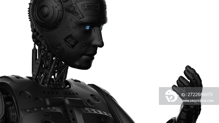 Detailed appearance of the Black AI robot under white background. 3D illustration. 3D high quality rendering. 3D CG.