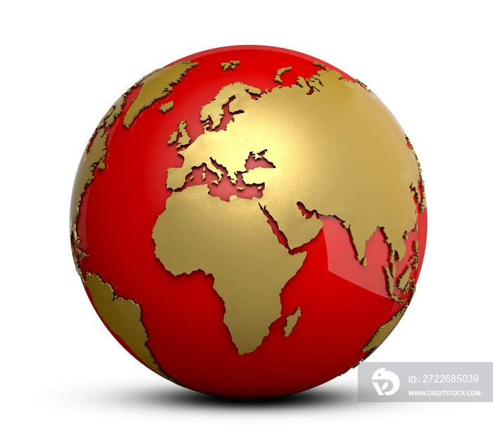 golden and red globe isolated on white background. 3d illustration.