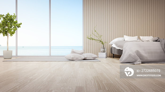 Bed on parquet floor of bright bedroom against wooden headboard in modern beach house or luxury hotel. Minimal home interior 3d rendering with sea view.