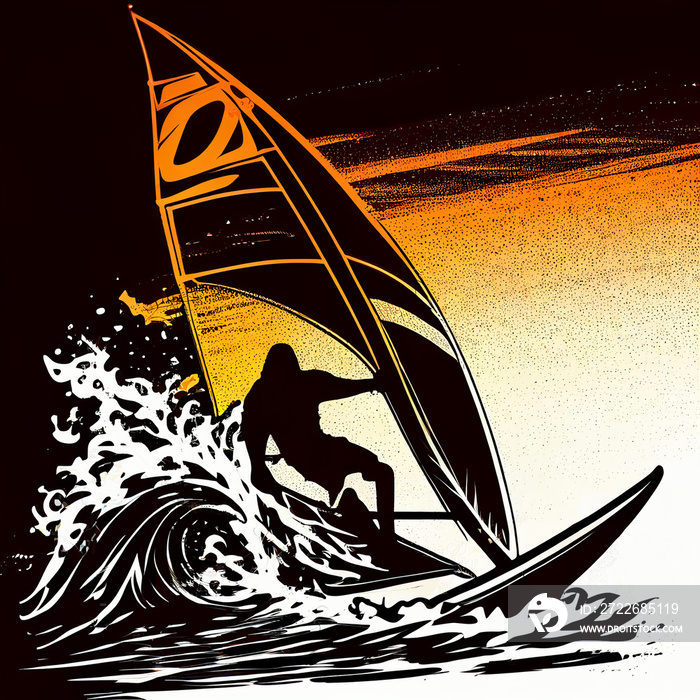 Windsurfing on sea wave. Silhouette at sunset..